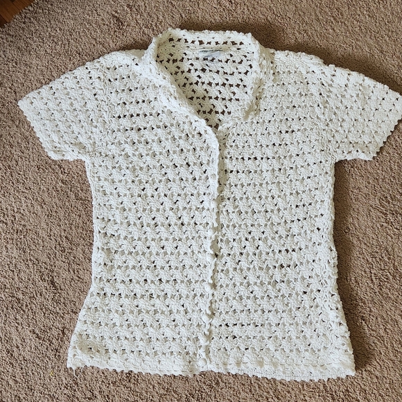 Newport News Tops - Y2K Ivory Crochet Collared Button Up Shirt Boho Cottage Festival Renaissance M